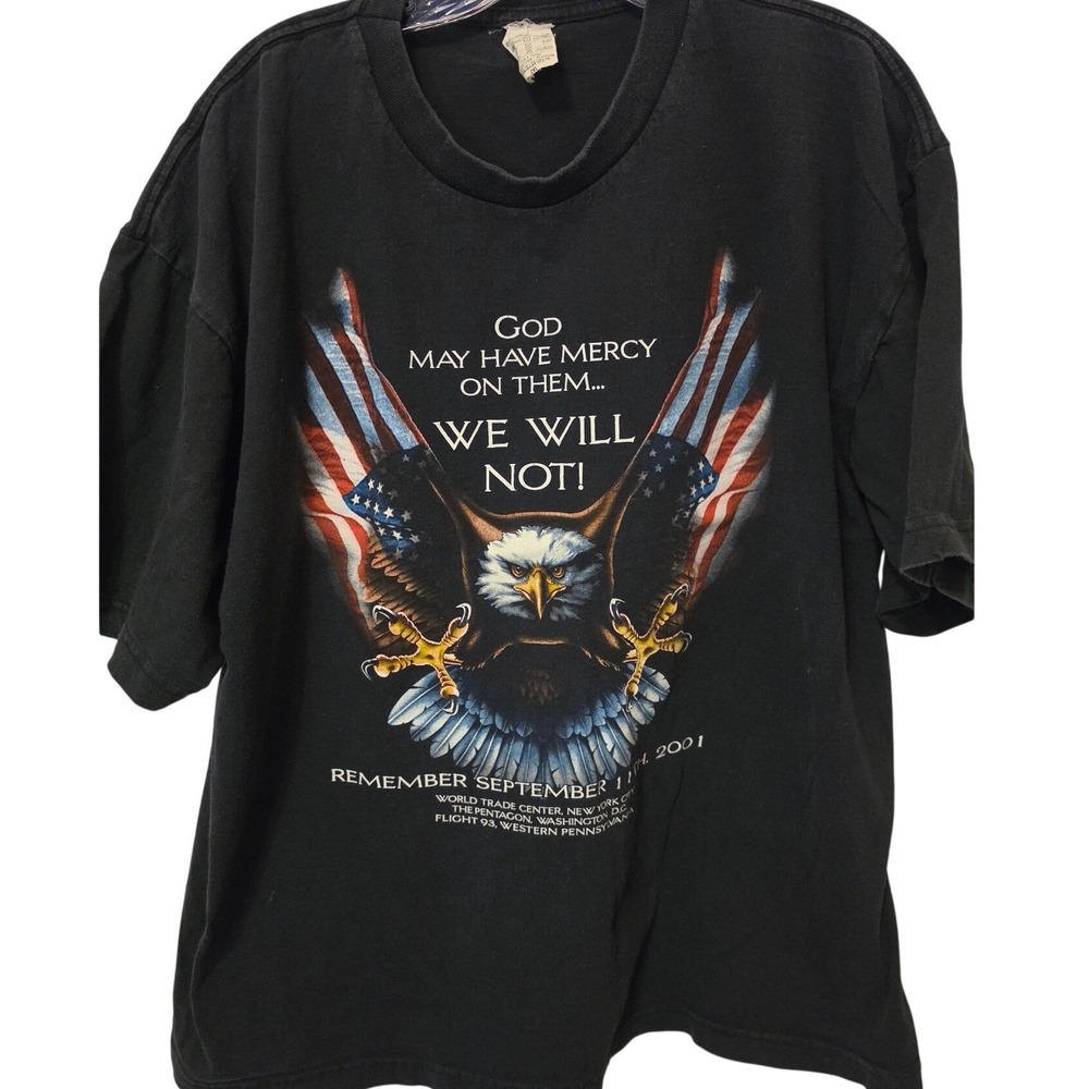 Vintage 2001 Remember September 11th Eagle Graphic T-Shirt Black 2XL 9/11 Tee
